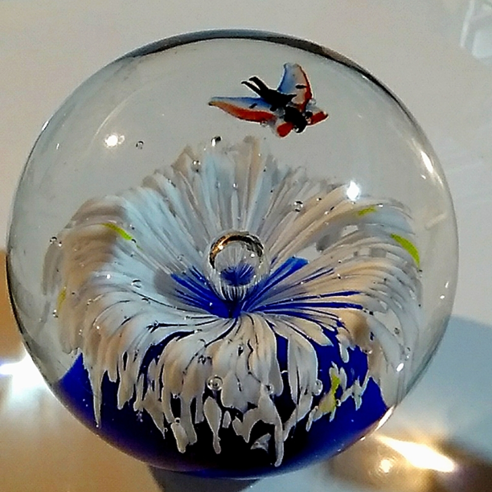 Butterfly & Bloomed Flower Glass Paperweight Hand Blown